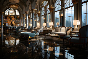  the opulent lobby of a luxury hotel. Crystal chandeliers cast a warm glow on marble floors, generative AI