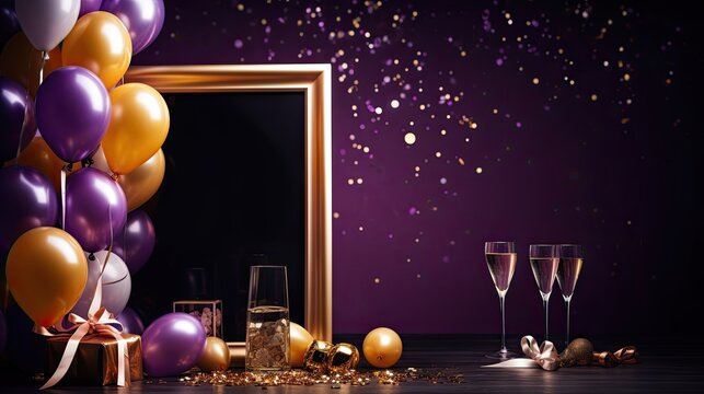 Luxury gold frame with purple gold balloons on the black background AI Generative