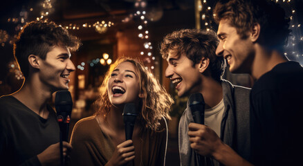 people singing into microphones, enjoying happy time together - obrazy, fototapety, plakaty