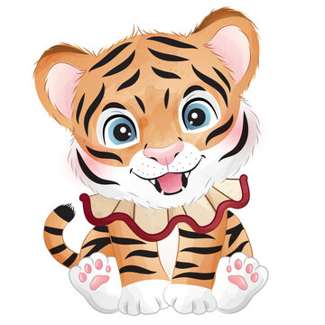 Cute circus tiger watercolor illustration