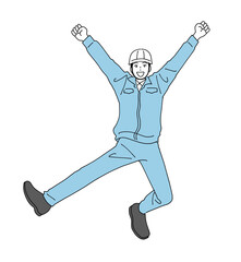 ジャンプして喜ぶ作業員の男性