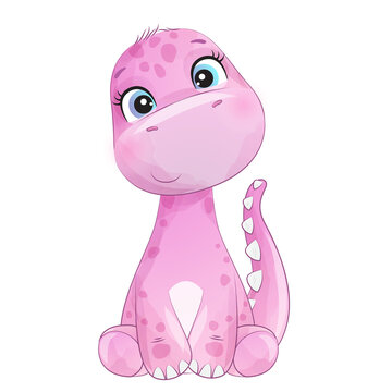 Cute pink dinosaur watercolor illustration
