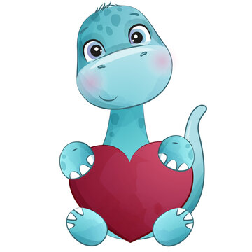 Cute dinosaur with love heart valentine watercolor illustration