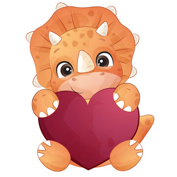 Cute dinosaur with love heart valentine watercolor illustration