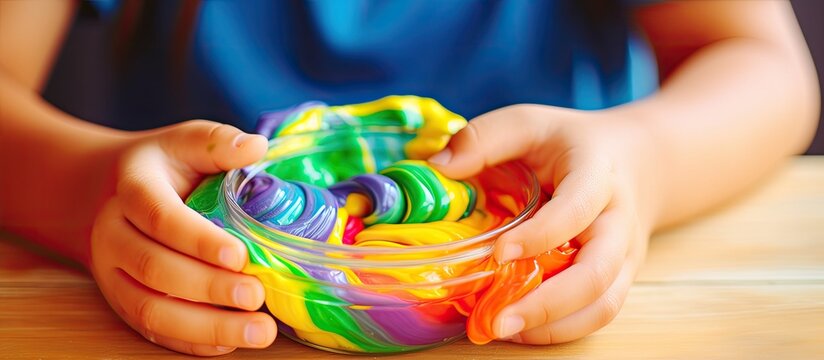 Toddler engaging in sensory play creating a play dough rainbow Enhancing fine motor skills through art activity With copyspace for text