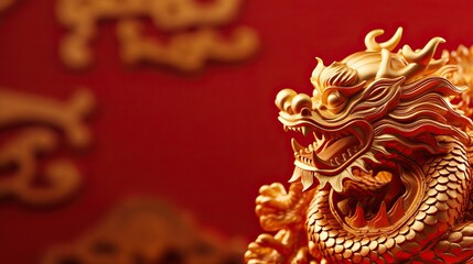Obraz premium Dragon and red and gold paper flowers Chinese decoration background for 2024 lunar new year concept