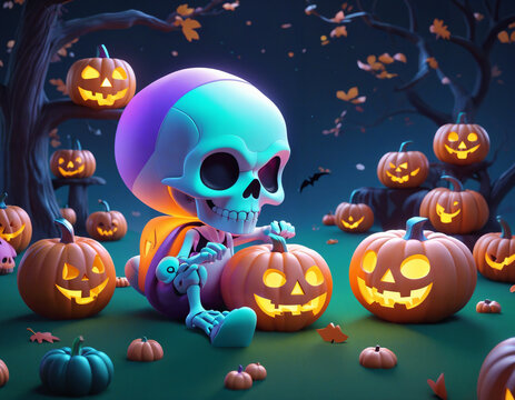 halloween Kawaii Adorable 3D Character of pumpkins Adorable 3D Character of pumpkins zombie