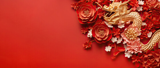 Dragon and red and gold paper flowers Chinese decoration background for 2024 lunar new year concept