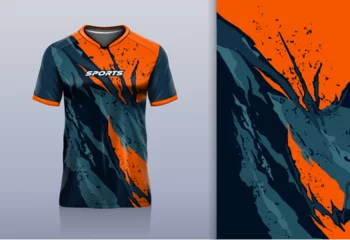 Tuinposter Tshirt mockup abstract grunge sport jersey design for football soccer, racing, esports, running, orange color © Nimpuna O