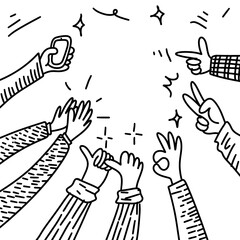 Fototapeta premium Applause hand draw, doodle clapping ovation. thumbs up gesture isolated on white background