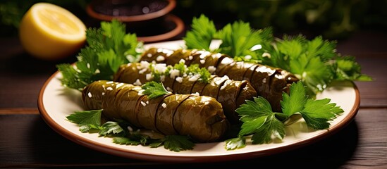 Tasty stuffed grape leaves with parsley on a plate With copyspace for text - obrazy, fototapety, plakaty