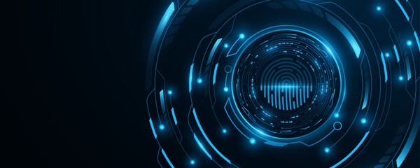 Futuristic glowing HUD circle with digital fingerprint. Biometric data background. Sci-fi graphic element. GUI and UI design. Vector illustration.