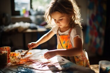 Portrait of cheerful kid girl painted in bright colors, Generative AI