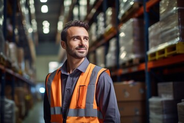Portrait of caucasian warehouse worker standing in large warehouse distribution background, Generative AI