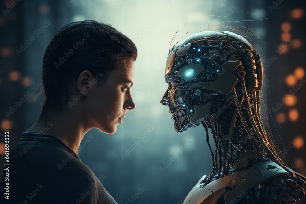 Poster machine learning ai hands of robot and human touching on big data network connection, generative ai