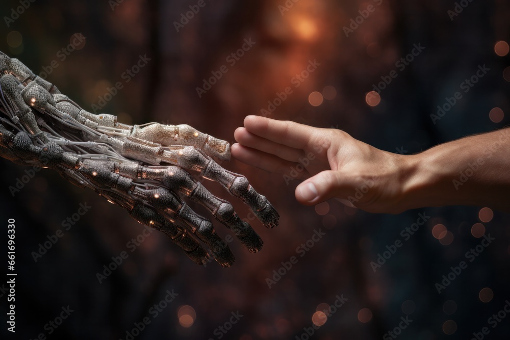 Poster machine learning ai hands of robot and human touching on big data network connection, generative ai