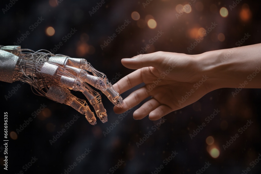 Poster machine learning ai hands of robot and human touching on big data network connection, generative ai