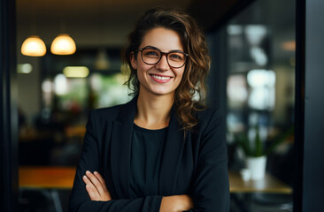 Confident businesswoman of European American origin, sporting stylish eyeglasses, stands before contemporary office backdrop, radiating intelligence confidence. Generative AI.