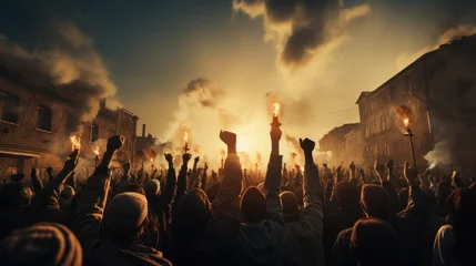 Fotobehang Arms raised in protest protestors fists raised up in the air, Generative AI © tonstock