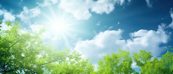 Fototapeta premium Beautiful fresh grass and yellow spring in nature against a blurry blue sky with clouds landscape, Geneartive AI