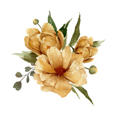 Watercolor flowers painting, golden flowers with green leaves illustration.