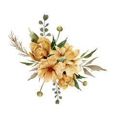 Watercolor flowers, golden flowers arrangement with green leaves illustration.