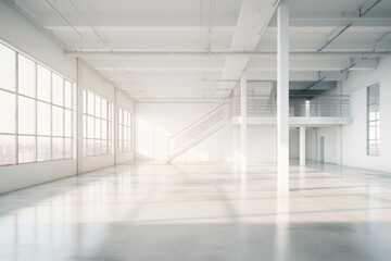Empty modern loft with concrete floor, White room with wide open space in the style of minimalism