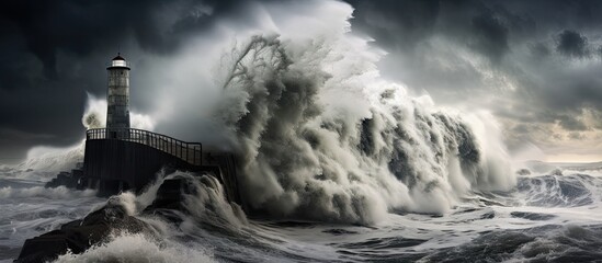 Storm brings powerful wave crash on breakwater at sea - obrazy, fototapety, plakaty