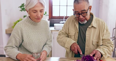 Cooking, support or old couple with tablet or food for a healthy diet together in retirement at home. Learning, interracial or happy senior woman in kitchen talking to a mature man for dinner recipe - Powered by Adobe