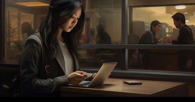 In an illustrated scene, a poised businesswoman, representing diverse origins, stands confidently against a modern office background. Generative AI.