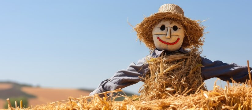 Straw bale with scarecrow in field of Crotalaria With copyspace for text