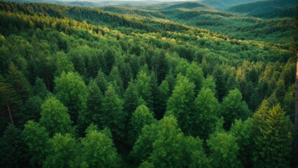 Aerial view of green summer forest with spruce and pine trees