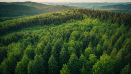 Aerial view of green summer forest with spruce and pine trees - obrazy, fototapety, plakaty