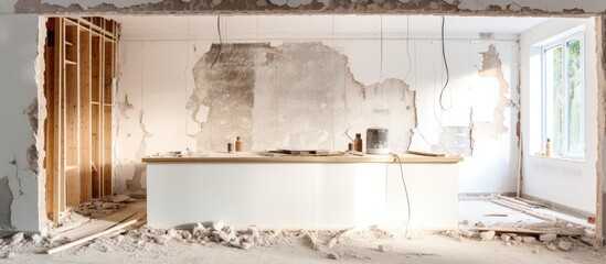 Soft focus captures the ongoing renovation of an interior kitchen with a demolished plasterboard wall - obrazy, fototapety, plakaty