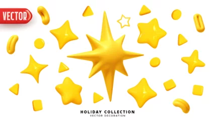 Set of stars and various decorative elements for festive New Year and Christmas designs. Yellow stars realistic 3d design in cartoon plastic style. vector illustration © lauritta