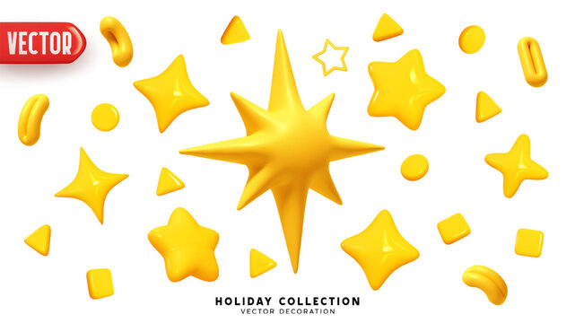 Set of stars and various decorative elements for festive New Year and Christmas designs. Yellow stars realistic 3d design in cartoon plastic style. vector illustration