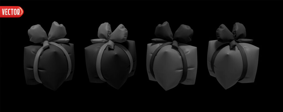 Black Set of air inflated helium gifts box. Blown polyethylene gifts boxes of square cubic shape. Collection of realistic 3d gift presents. Festive decorative design elements. Vector illustration