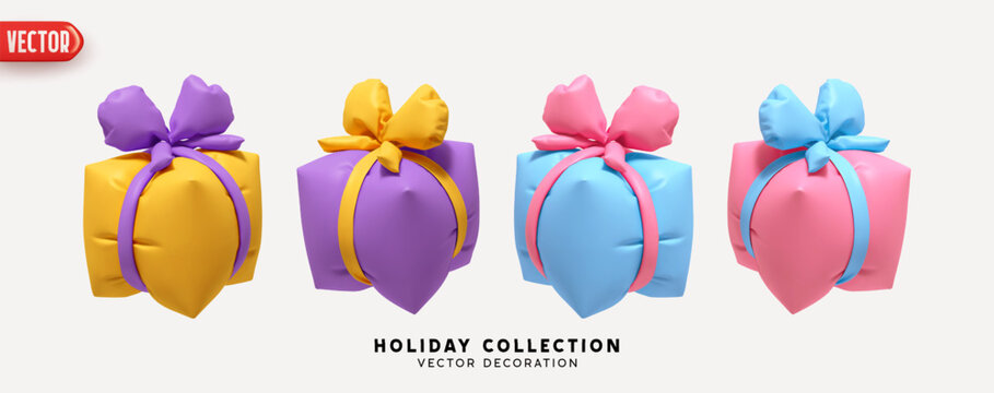 Set of air inflated helium gifts box. Blown polyethylene gifts boxes of square cubic shape. Collection of realistic 3d colorful gift presents. Festive decorative design elements. Vector illustration