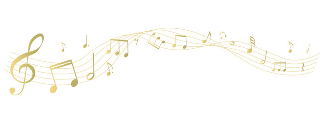 ゴールドの楽譜のフレームイラスト　五線譜　背景イラスト　音符、休符、音楽記号のイラスト - obrazy, fototapety, plakaty