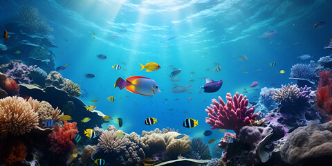 Naklejka na ściany i meble A vibrant underwater world with a school of colorful fish