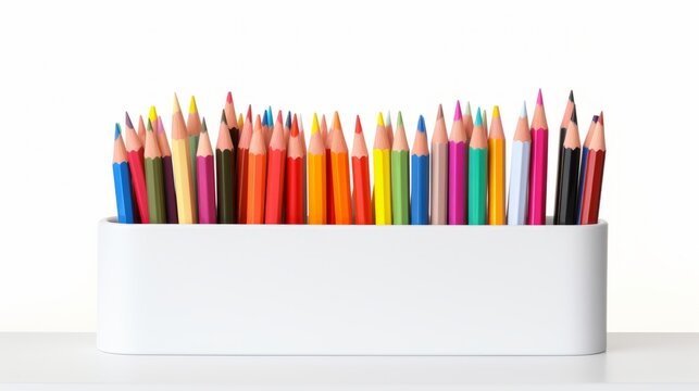 A white pencil holder with colored pencils on a gray background. This image shows a white rectangular pencil holder with many colored pencils in it. The pencils are of different colors and are