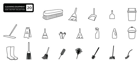 Fototapeta premium Collection of cleaning service icons, brooms, brushes, buckets, trash cans, which can be easily edited and resized, modern vector graphic logo template.