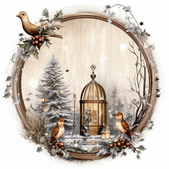 Christmas clipart with winter forest, birds and birdcage.