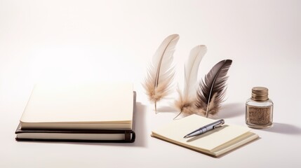A collection of writing instruments and materials on a white background, creating a vintage and artistic atmosphere. The image includes a leather notebook, a fountain pen, an inkwell, and three