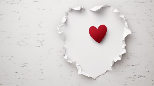 A romantic and sentimental image of a red heart on a white background. The heart is in the center of the image and is surrounded by a torn paper effect. The torn paper effect is in the shape of a