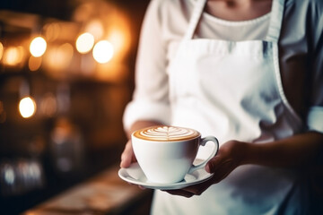 Close up of woman barista with brown apron holding a hot cappuccino in background of modern coffee shop. Lifestyle concept of rest and holidays. - obrazy, fototapety, plakaty