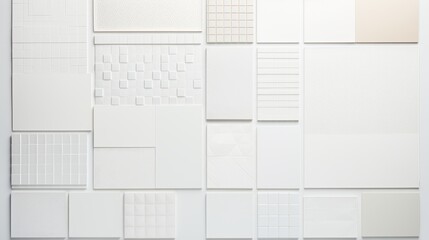 A collection of white tiles with different textures and patterns. This image shows a grid-like arrangement of white tiles of different sizes and shapes. Some tiles have a smooth surface, while others