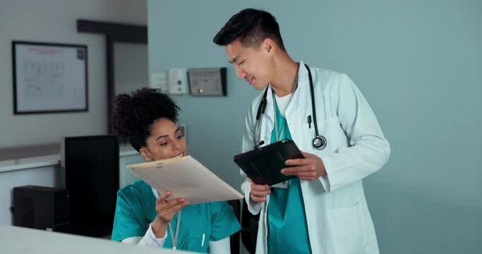 Folder, tablet and receptionist people, doctor or administration consulting on report, database or medicine study. Medical team, collaboration chat or clinic secretary talking about results documents