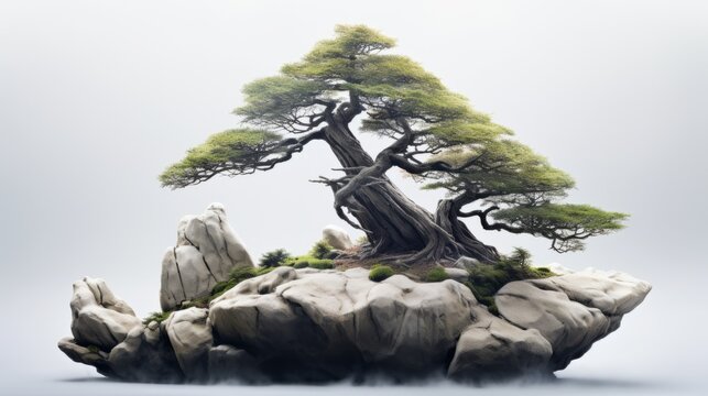 A realistic image of a bonsai tree on a rock formation The tree is a pine tree with a twisted trunk and green foliage The rock formation is gray and jagged The background is a gradient of light blue