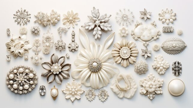 A collection of white and off-white brooches and pins arranged in a flat lay style on a white background, creating a vintage and elegant image. The brooches and pins are of various sizes, shapes and